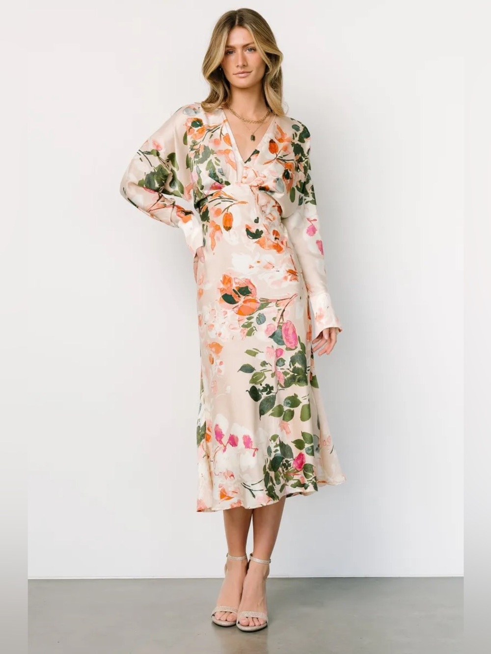 Baltic Born Bari Satin Floral V-Neck Long Sleeve Midi Maxi Dress Natural Cream